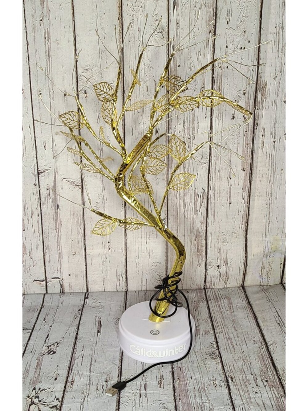 15" LED Gold Foil White Fairy Light Tree Leaf Table Lamp USB Powered Posable